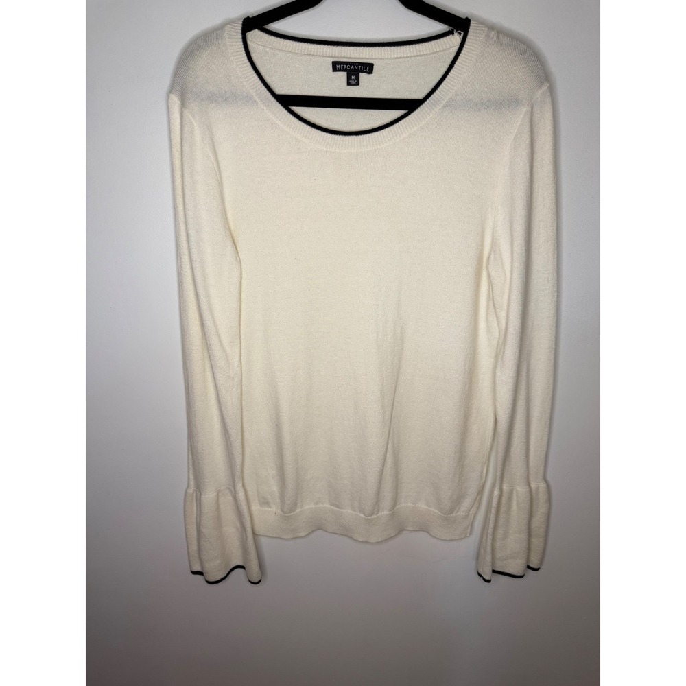 J. Crew Mercantile Womens Cream White Black Tipped Ruffle Cuff Sweater Medium